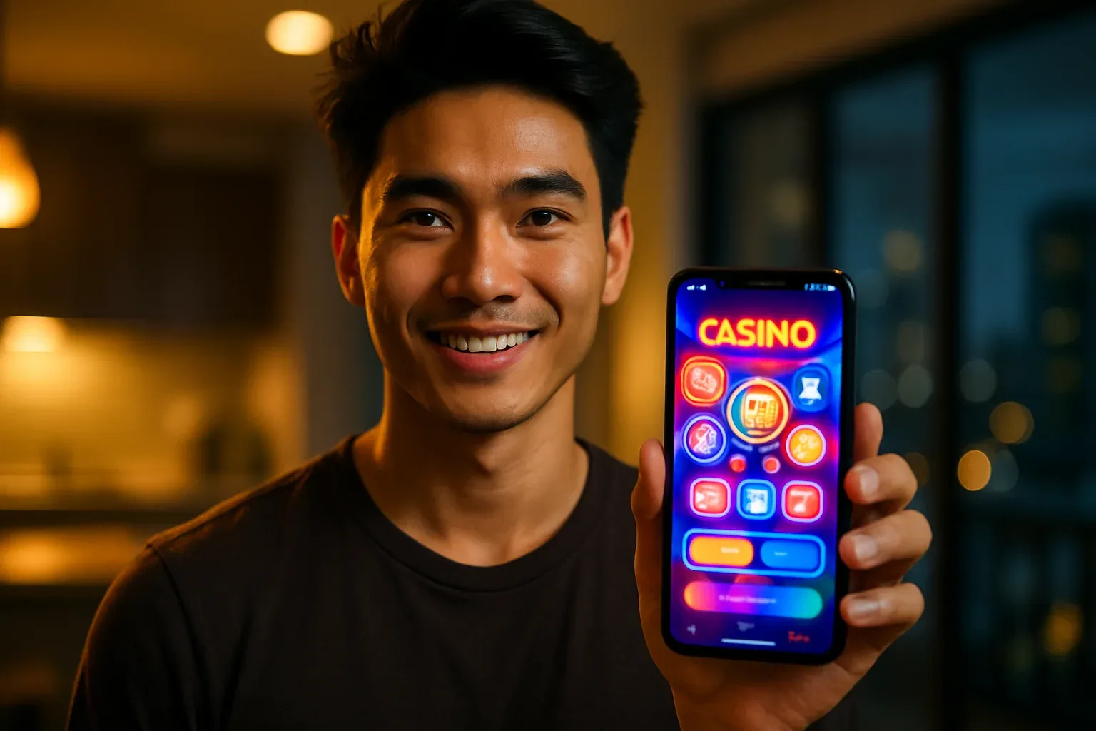 Nam thanh niên Việt Nam cầm điện thoại hiển thị ứng dụng casino rực rỡ