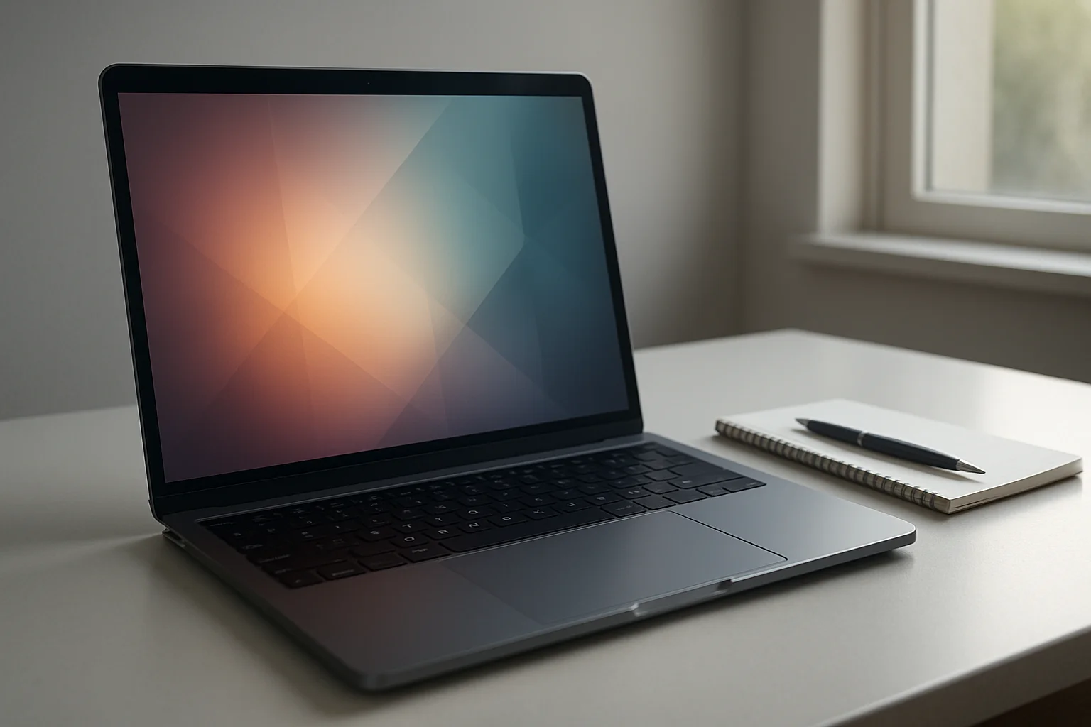 Laptop hiện đại trên bàn trắng với màn hình trừu tượng phát sáng