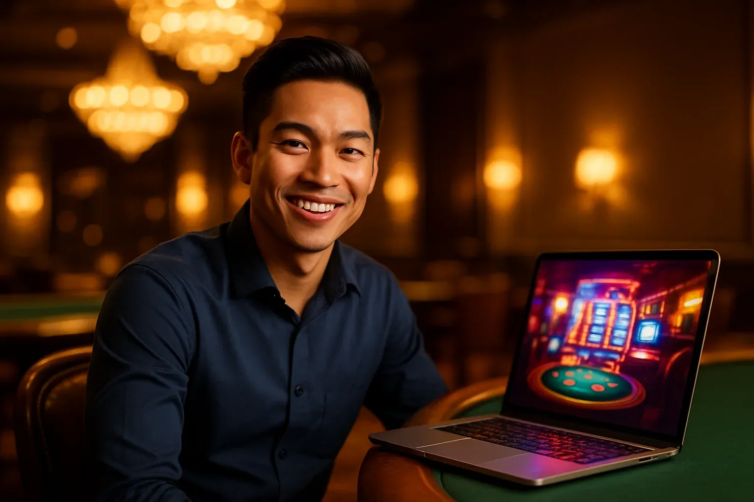 Người đàn ông Việt Nam vui vẻ dùng laptop tại sảnh casino sang trọng