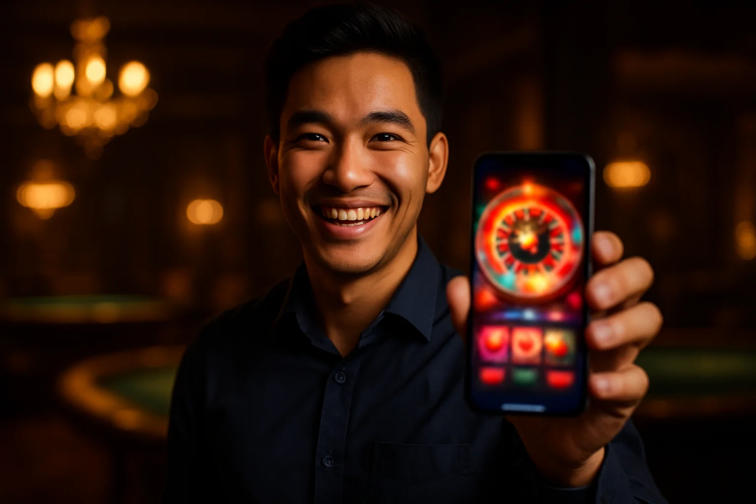 Người đàn ông Việt trẻ cầm điện thoại hiển thị ứng dụng casino đầy màu sắc